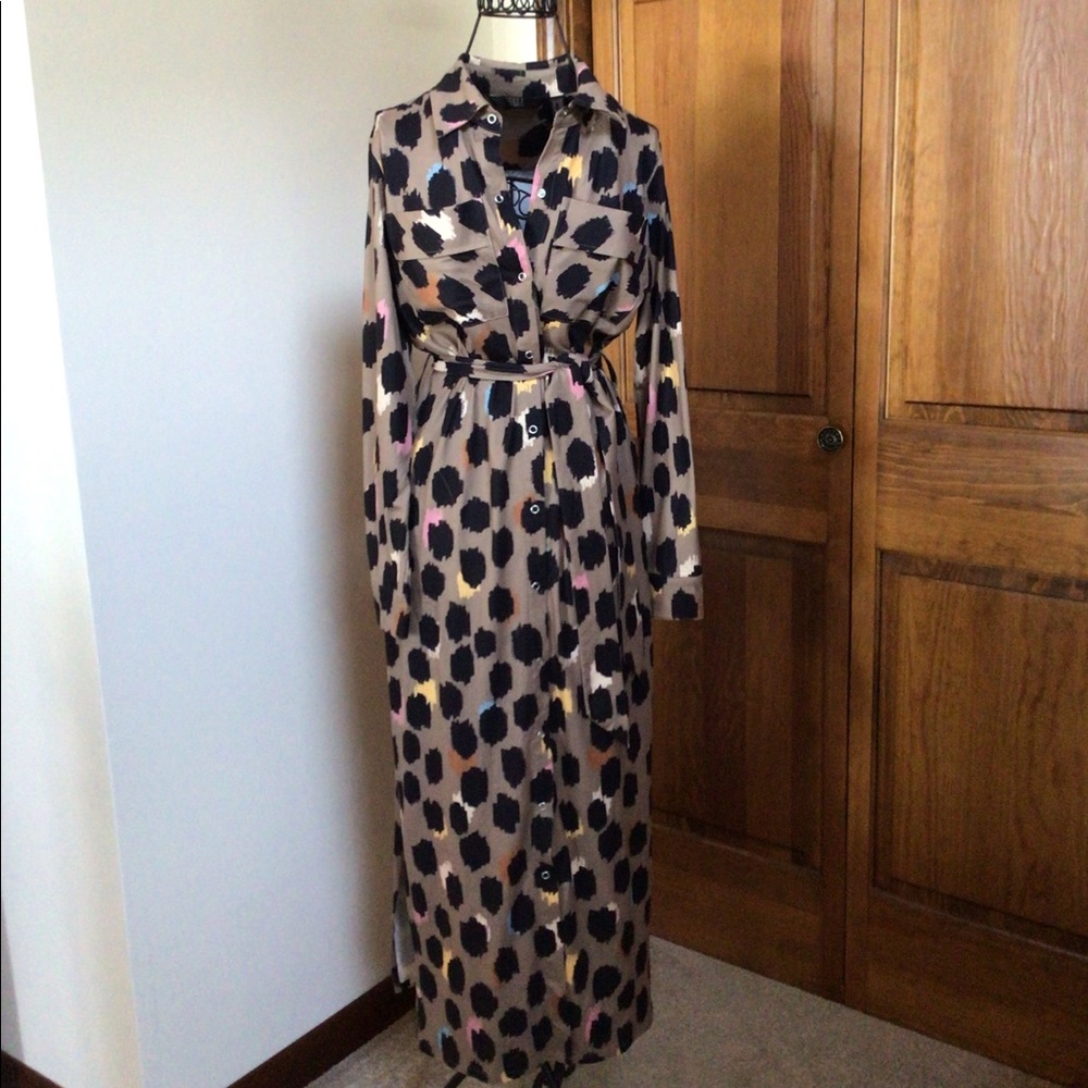 G.I.L.I Tan Black and Colorful Dots Animal Print Shirt Maxi Dress Pockets Belt